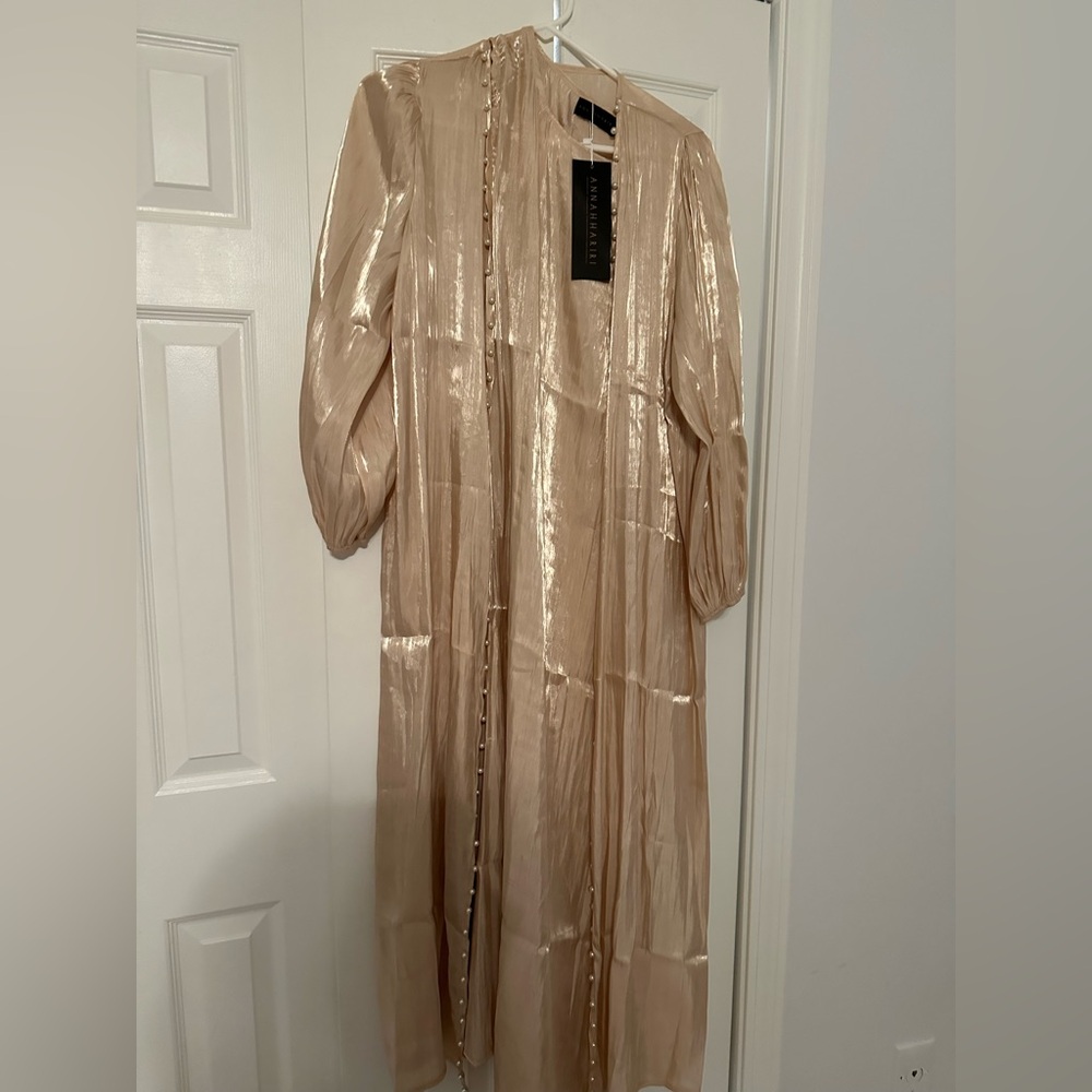Annah Hariri Shimmering tan abaya. 2 pc with belt NWT